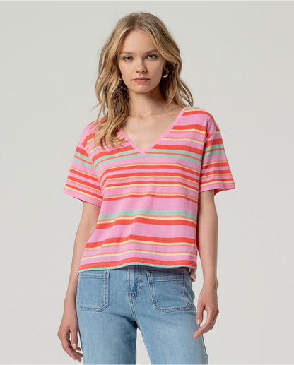 Striped V-Neck T-Shirt, Pink
