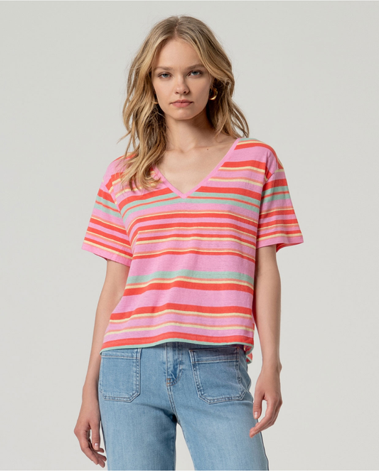 Striped V-Neck T-Shirt, Pink