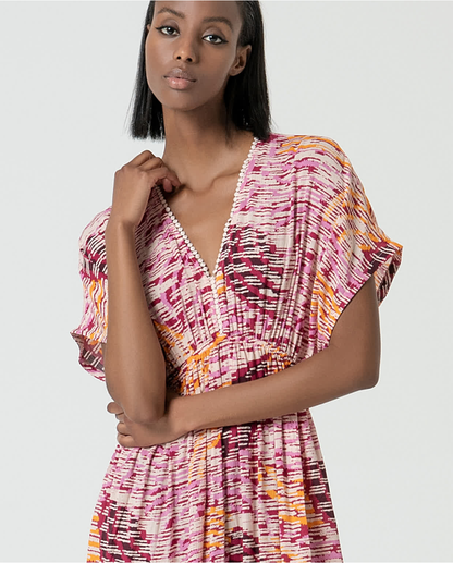 Long Flowy Printed Dress, Pink Multicolour