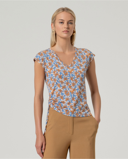 Printed V-Neck Top with Side Tie