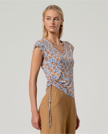Printed V-Neck Top with Side Tie