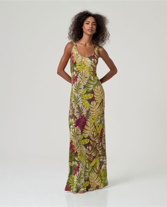 Green Tropical Print Lyocell Maxi Dress