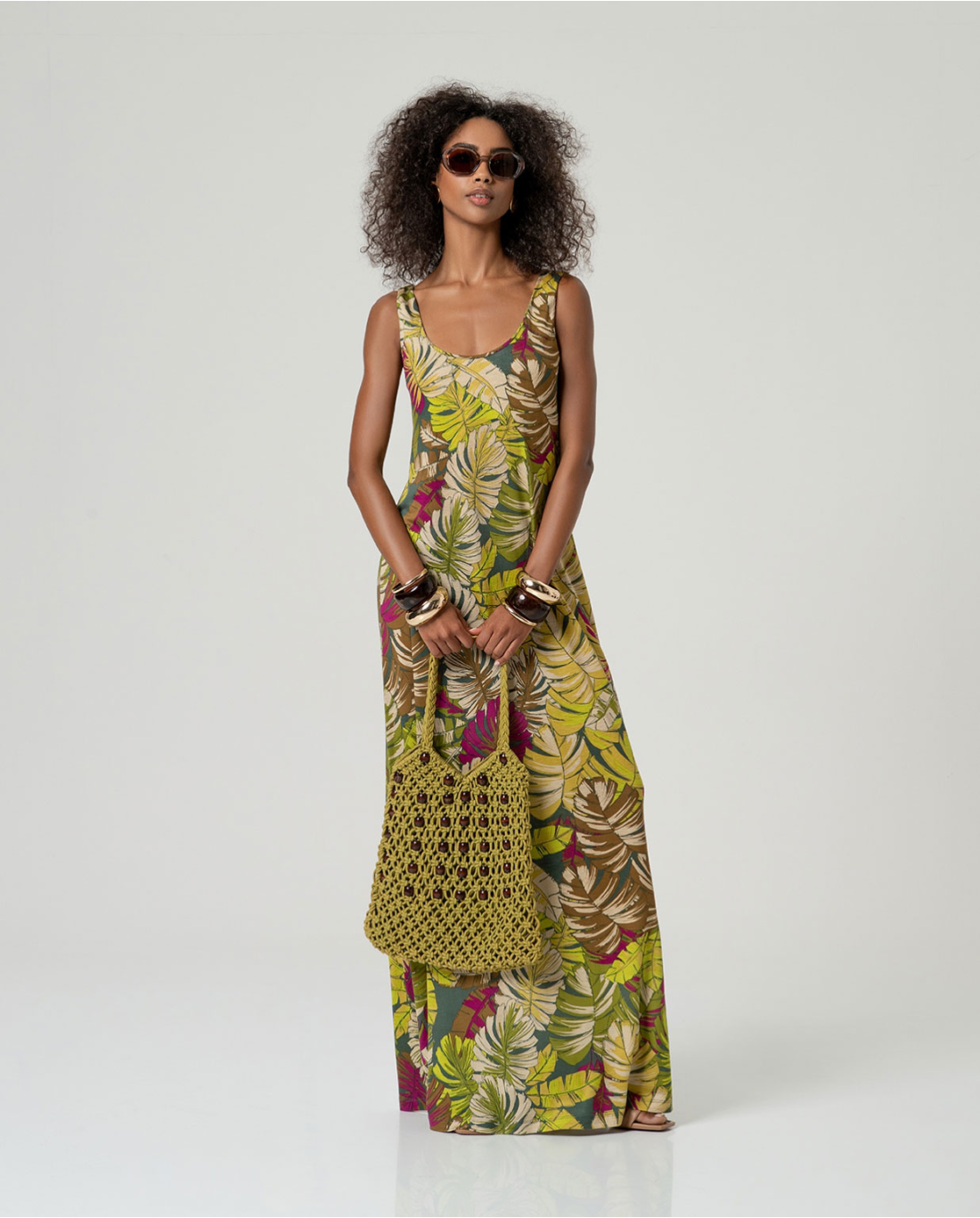 Green Tropical Print Lyocell Maxi Dress