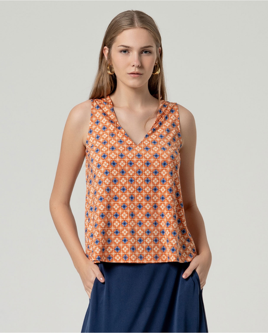Printed Stretch Sleeveless Top