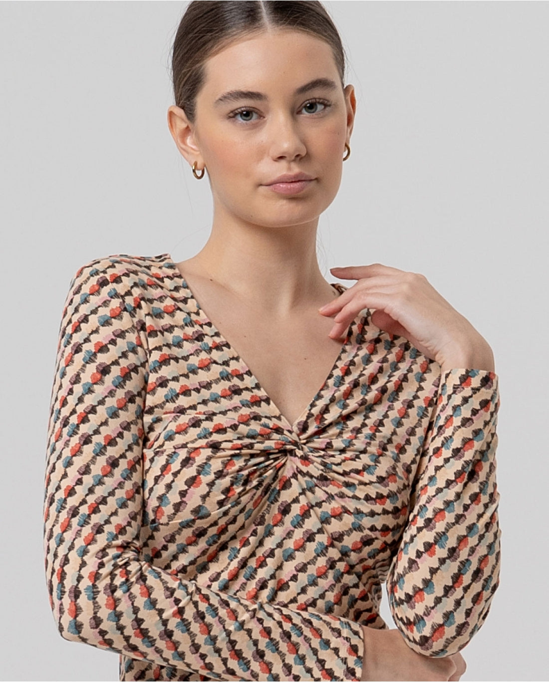 Printed Ruched V-Neck Top