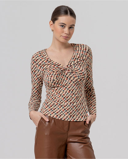 Printed Ruched V-Neck Top