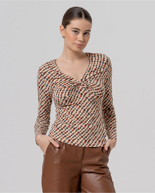 Printed Ruched V-Neck Top