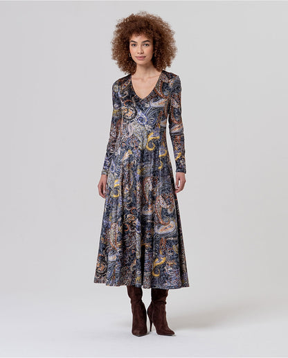 Paisley Print V-Neck Midi Dress