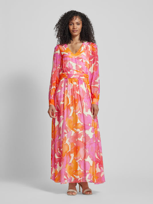 Abstract Print Maxi Dress with Tie Waist