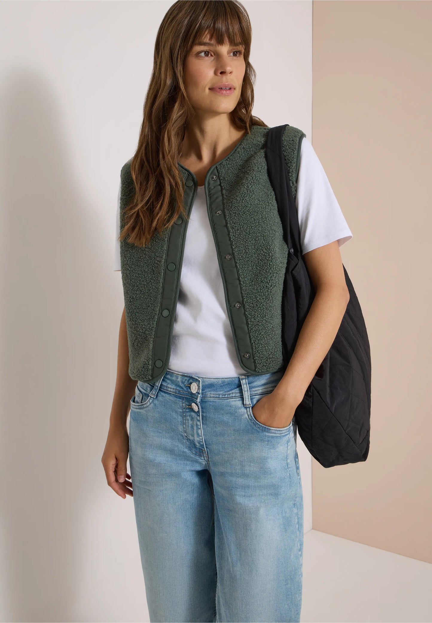 Teddy Fleece Button-Up Gilet, Khaki