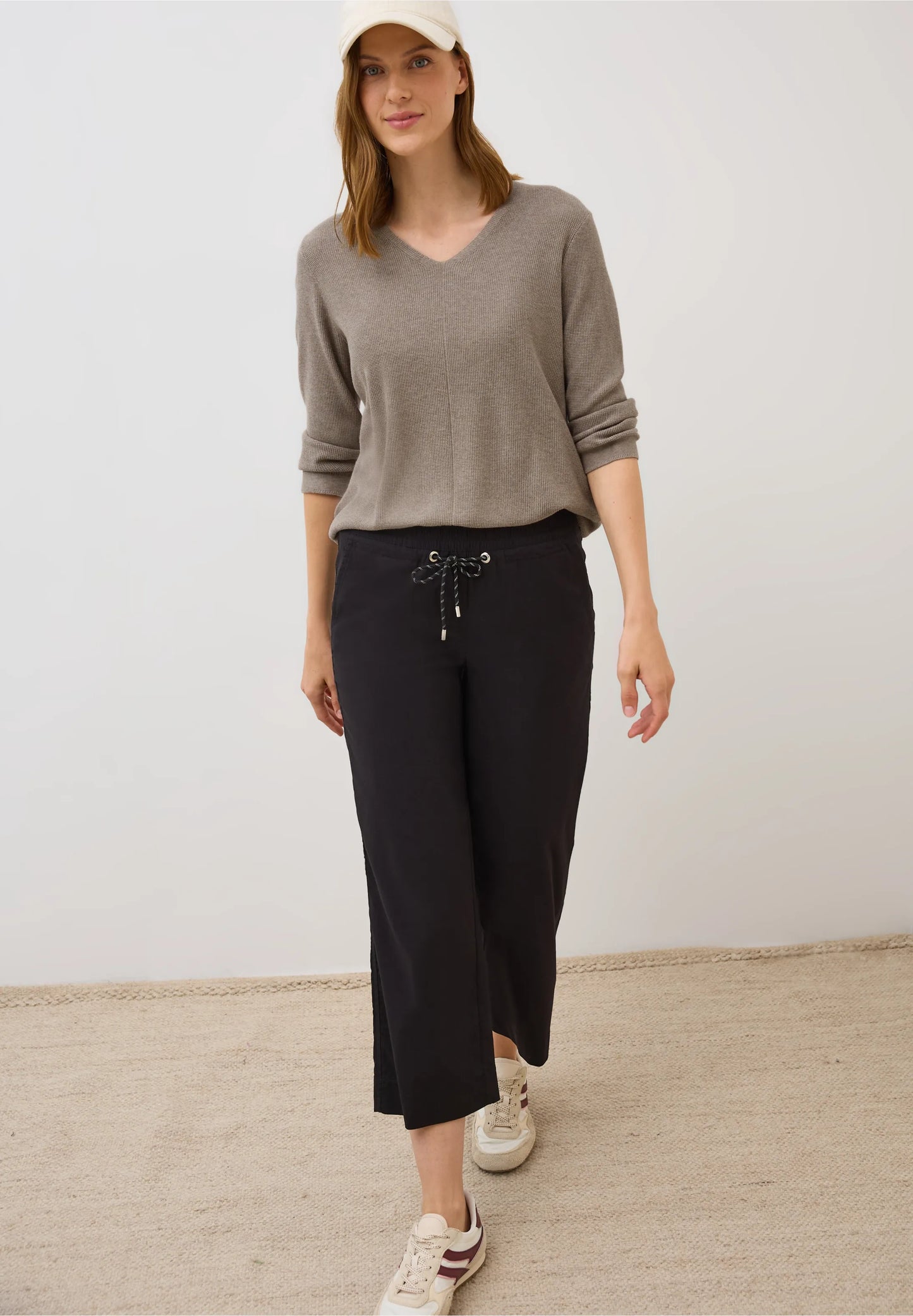 Textured V-Neck Knit Sweater, Toffee Cream Melange