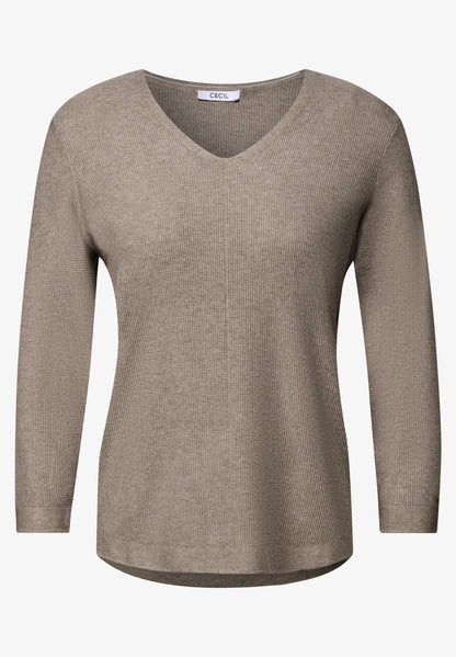 Textured V-Neck Knit Sweater, Toffee Cream Melange