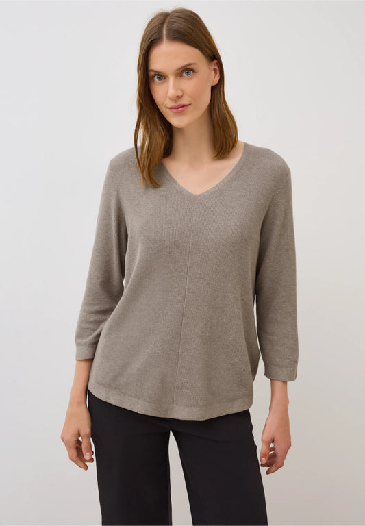 Textured V-Neck Knit Sweater, Toffee Cream Melange