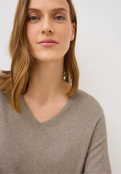 Textured V-Neck Knit Sweater, Toffee Cream Melange