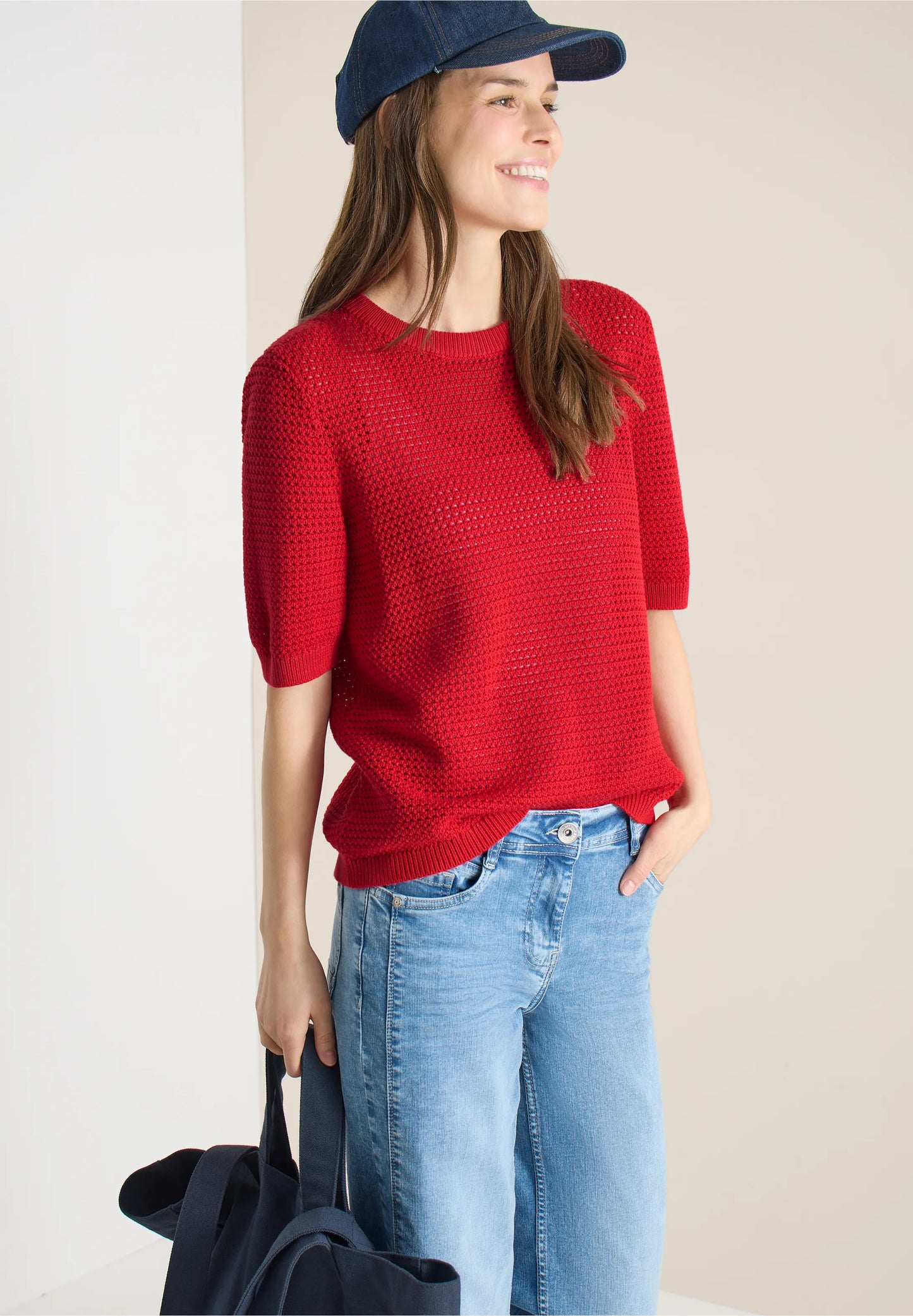 Textured Knit Short Sleeve Top, Red