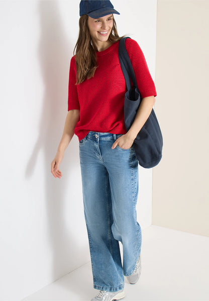 Textured Knit Short Sleeve Top, Red