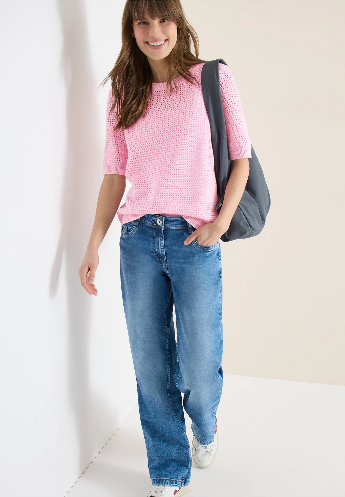 Textured Knit Short Sleeve Top, Pink