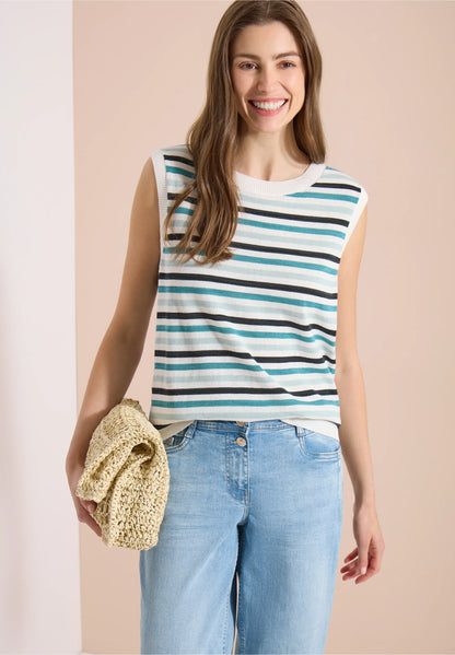Striped Sleeveless Knit Top with Button Back