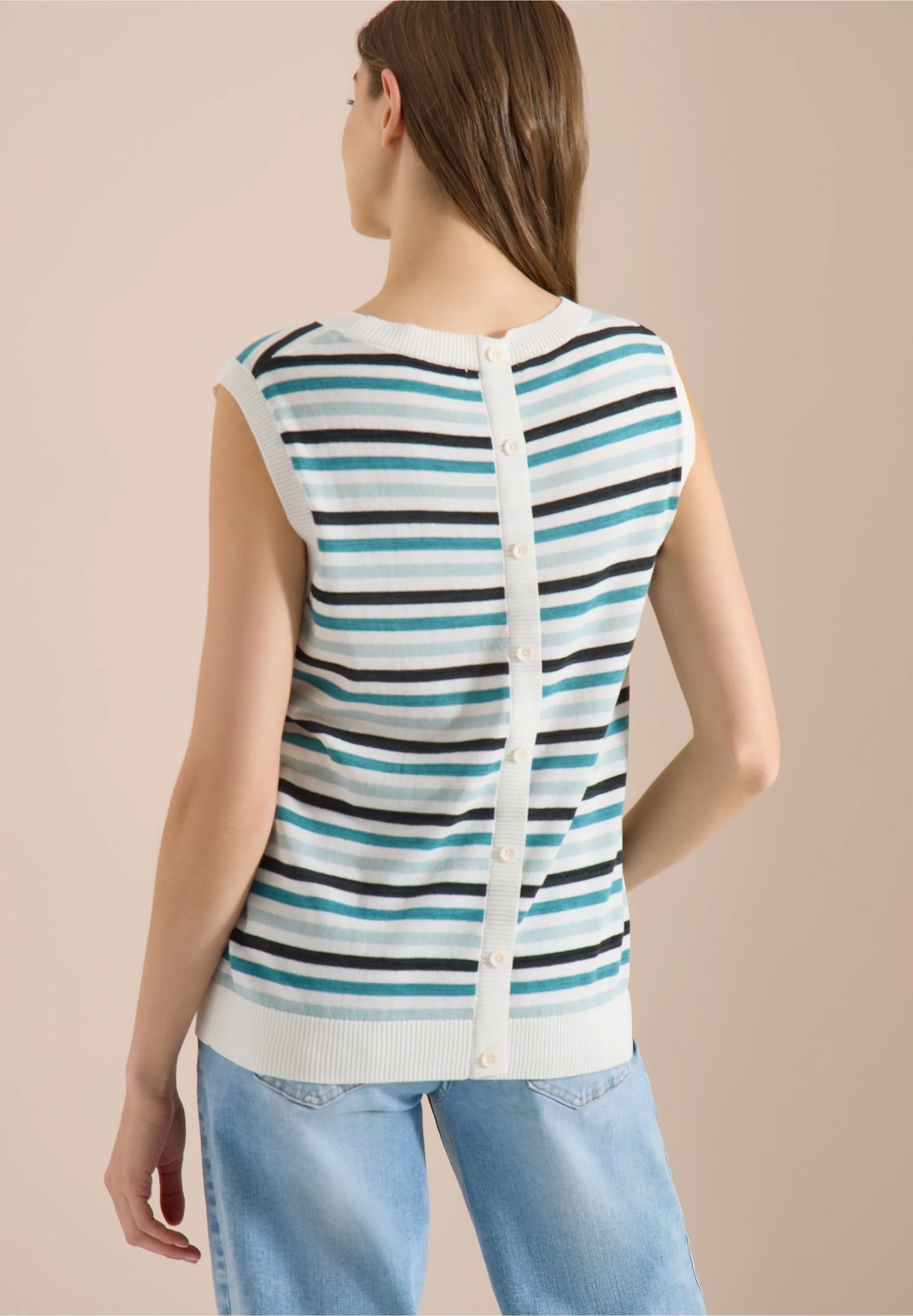 Striped Sleeveless Knit Top with Button Back