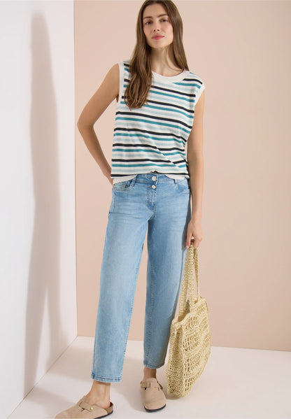 Striped Sleeveless Knit Top with Button Back