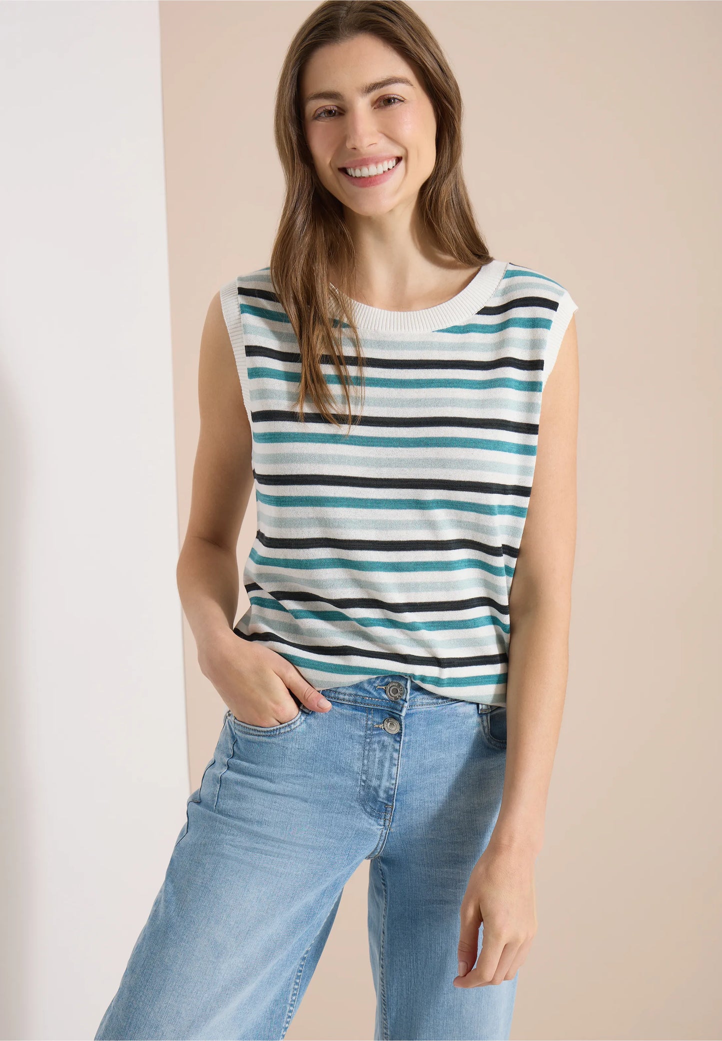 Striped Sleeveless Knit Top with Button Back