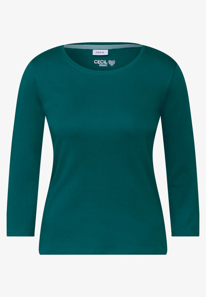 Basic 3/4 Sleeve Top with Round Neck, Petrol Green