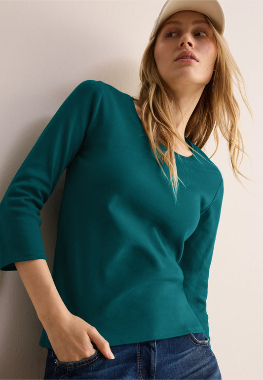 Basic 3/4 Sleeve Top with Round Neck, Petrol Green