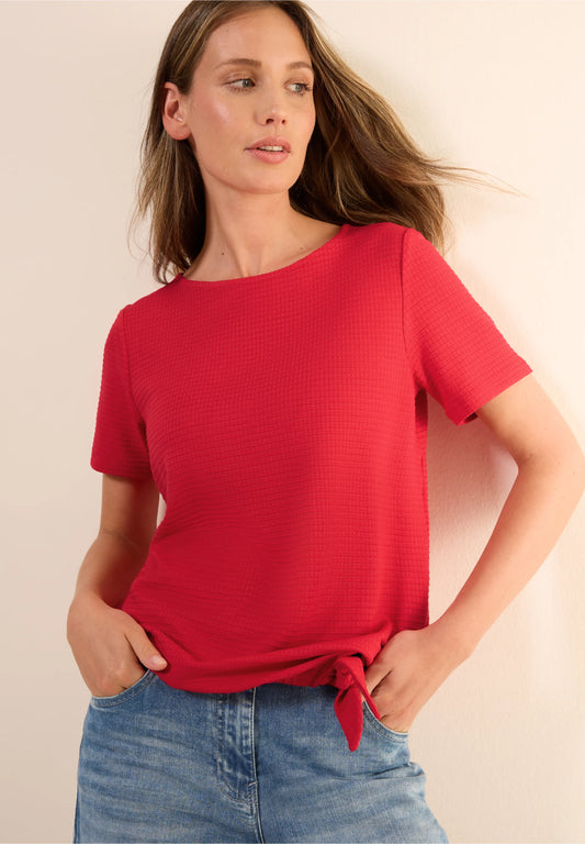 Knot Detail T-Shirt with Boat Neck, Glazed Apple Red