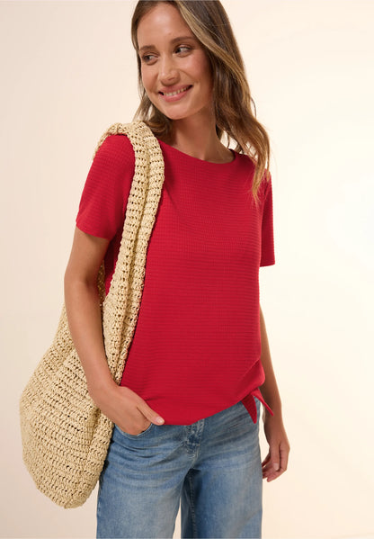 Knot Detail T-Shirt with Boat Neck, Glazed Apple Red