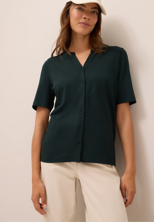 Button Front Jersey Top with Short Sleeves, Ink Green