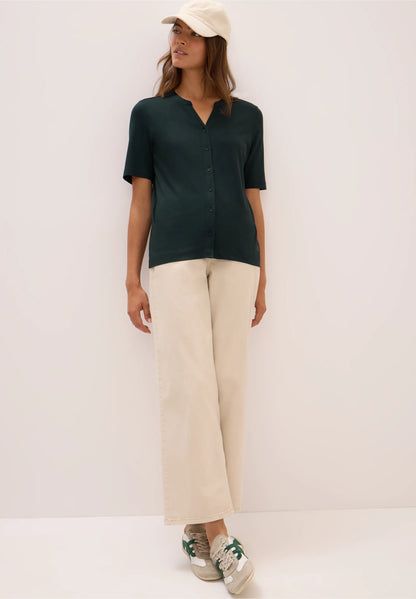 Button Front Jersey Top with Short Sleeves, Ink Green