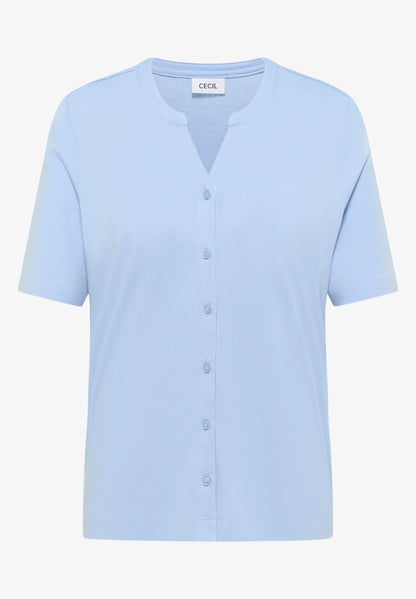 Button Front Jersey Top with Short Sleeves, Light Sky Blue