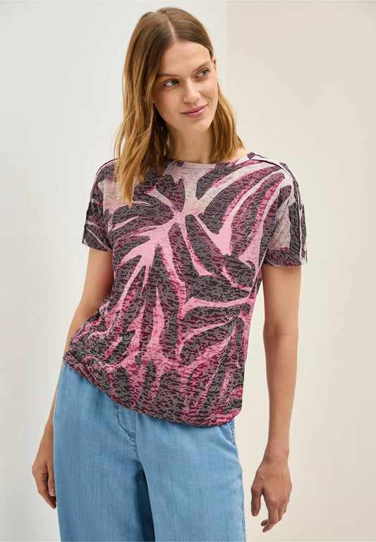 Burn-Out Top with Gradient Pattern, Mulberry Red