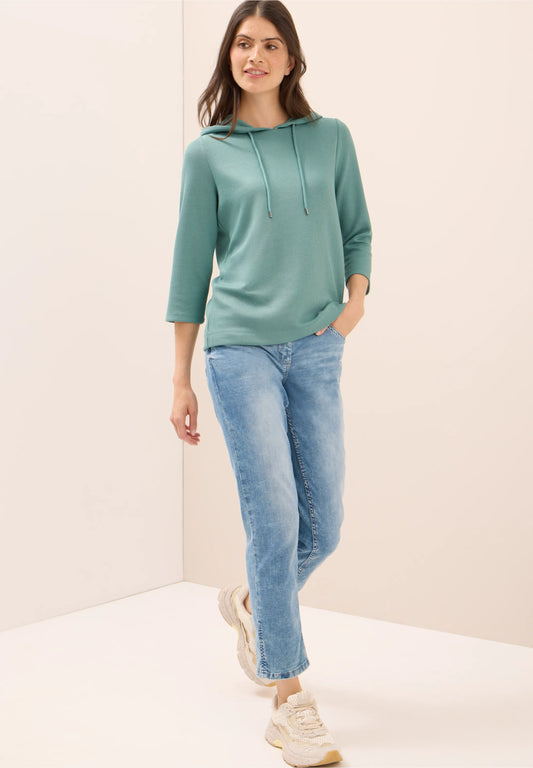 Ribbed Hoodie Top with 3/4 Sleeves, Jewel Green