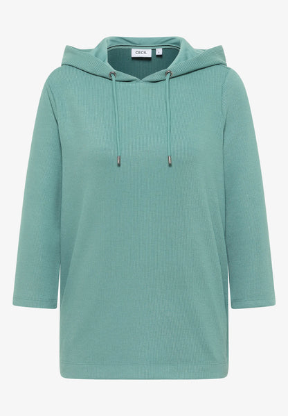 Ribbed Hoodie Top with 3/4 Sleeves, Jewel Green