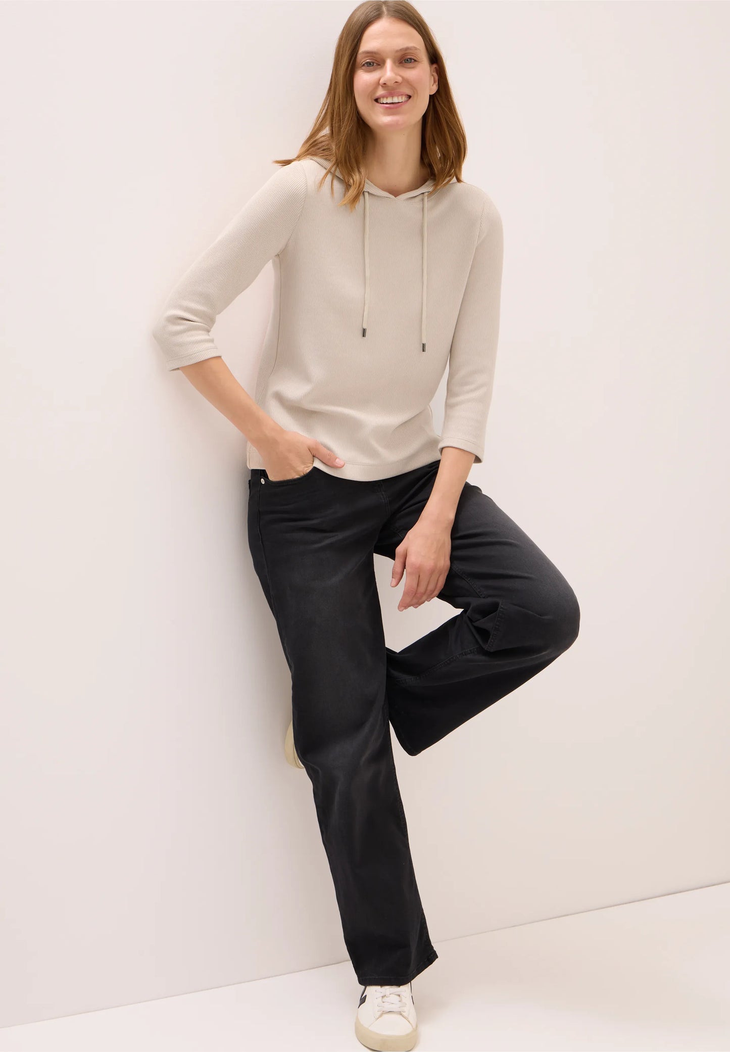 Ribbed Hoodie Top with 3/4 Sleeves, Oat Milk Beige