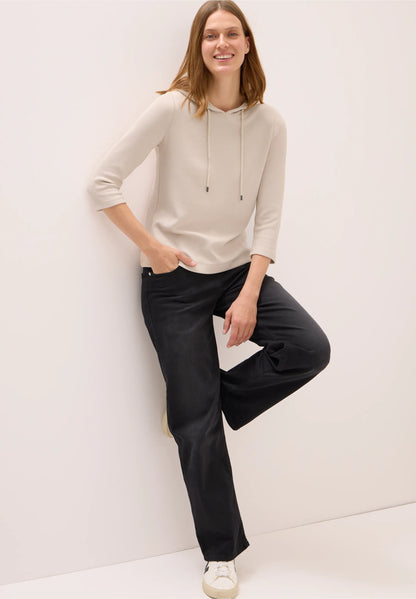 Ribbed Hoodie Top with 3/4 Sleeves, Oat Milk Beige