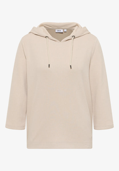 Ribbed Hoodie Top with 3/4 Sleeves, Oat Milk Beige