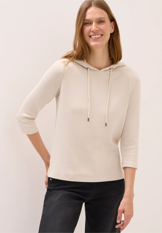 Ribbed Hoodie Top with 3/4 Sleeves, Oat Milk Beige