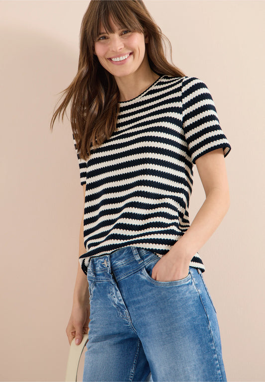 Striped Open Knit T-Shirt with Drawstring Hem