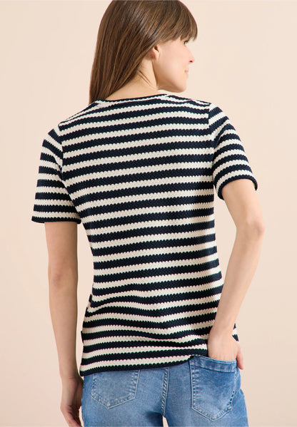 Striped Open Knit T-Shirt with Drawstring Hem