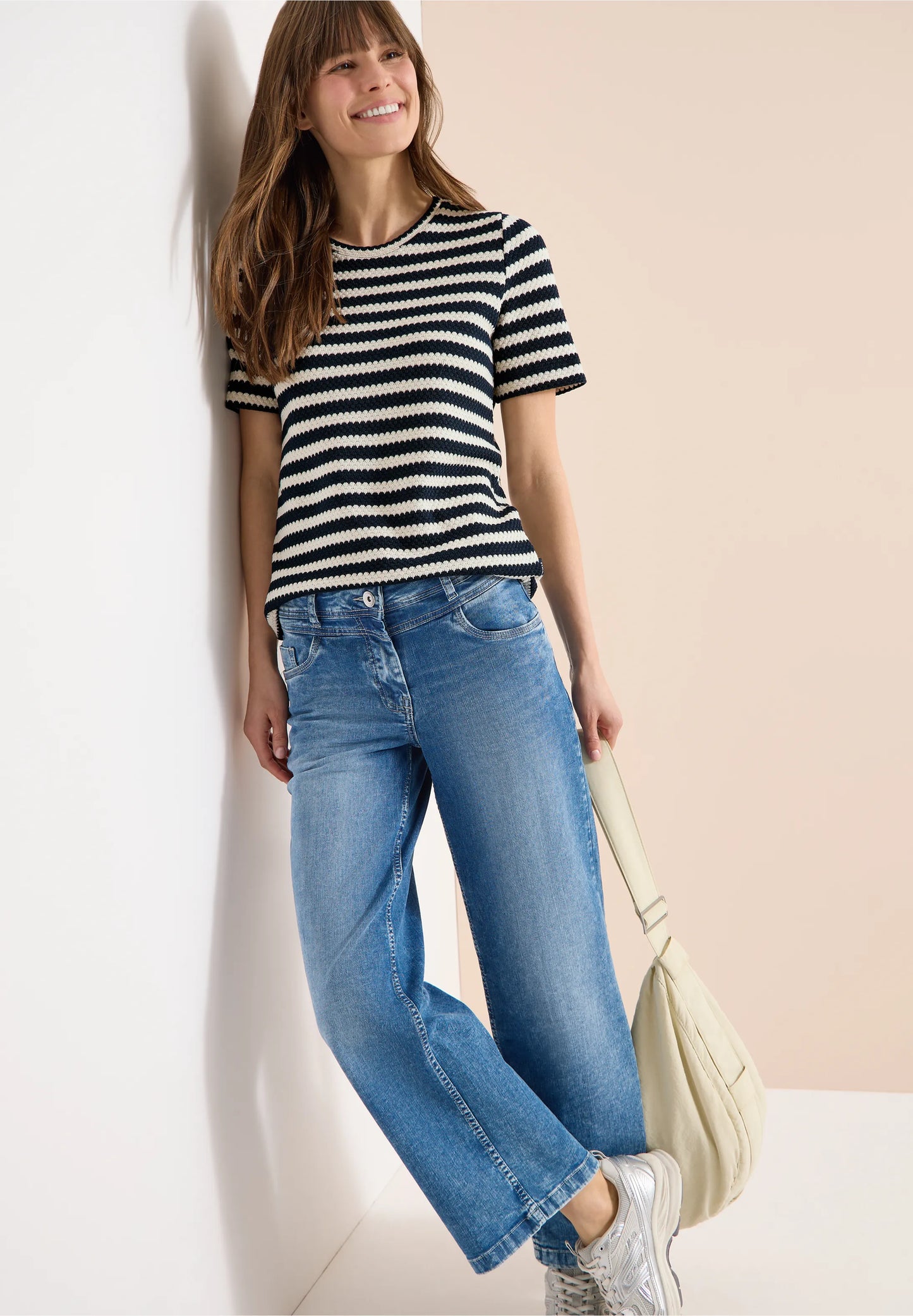Striped Open Knit T-Shirt with Drawstring Hem
