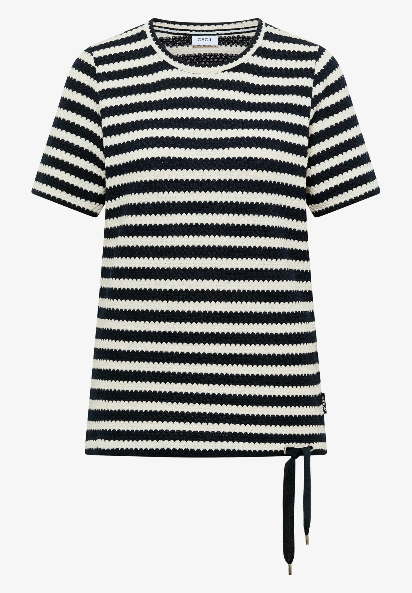 Striped Open Knit T-Shirt with Drawstring Hem