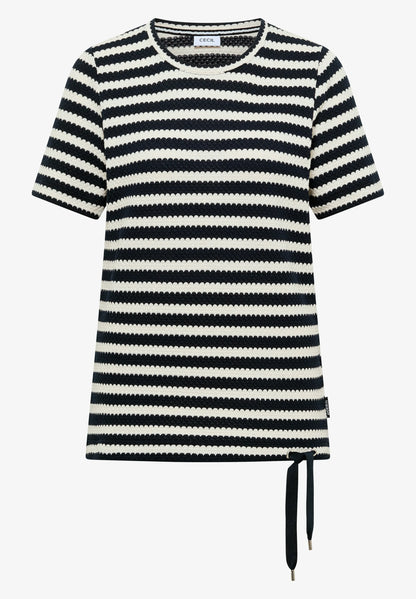 Striped Open Knit T-Shirt with Drawstring Hem