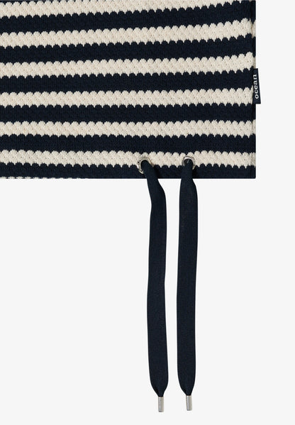 Striped Open Knit T-Shirt with Drawstring Hem