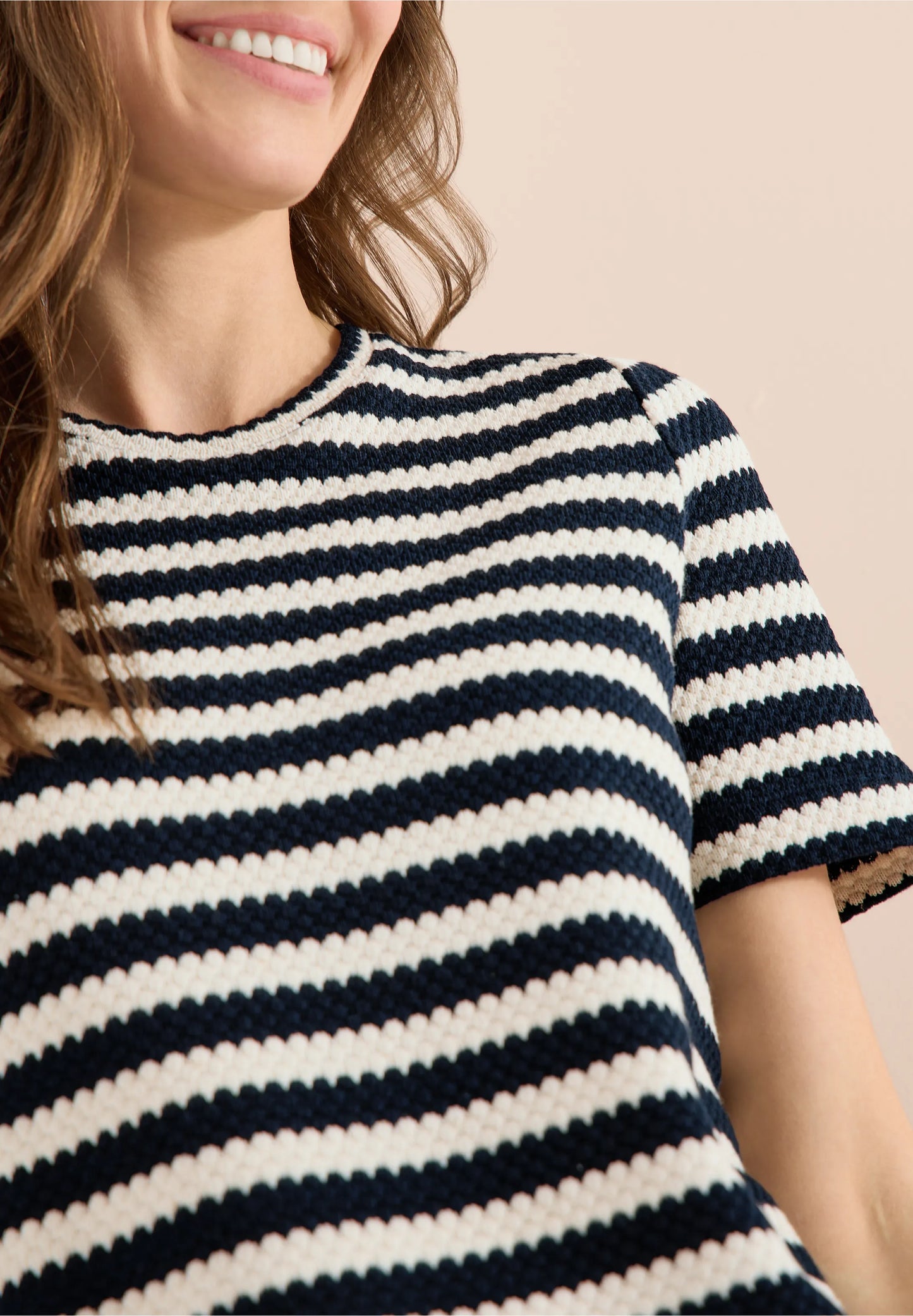 Striped Open Knit T-Shirt with Drawstring Hem