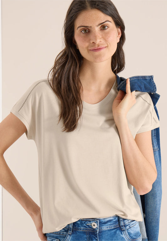 V-Neck T-Shirt with Lace Detail, Beige