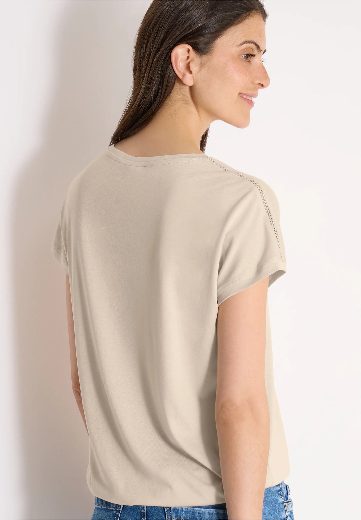 V-Neck T-Shirt with Lace Detail, Beige