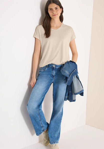 V-Neck T-Shirt with Lace Detail, Beige