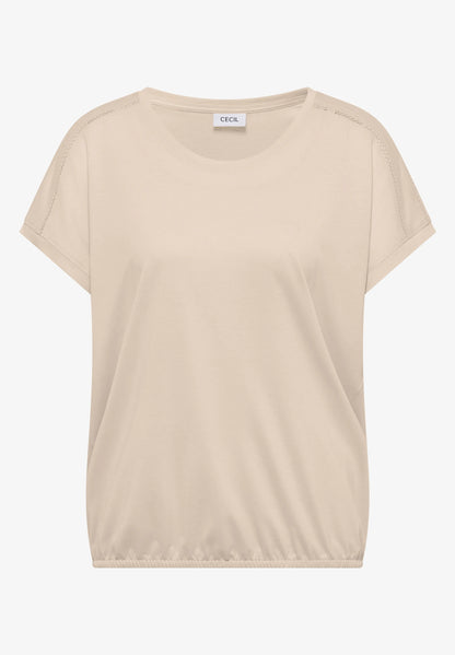 V-Neck T-Shirt with Lace Detail, Beige